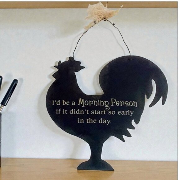 Metal Rooster Hanging Metal Wall Sign Morning Saying Primitive Farmhouse Black - Picture 14 of 14